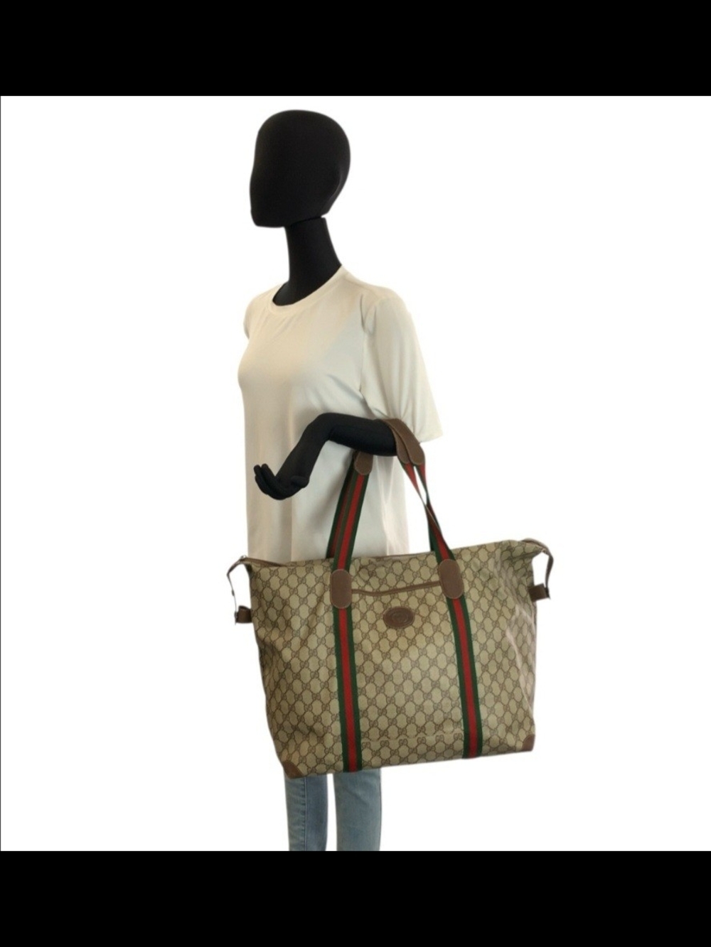 Gucci Monogram Tote with Green-Red Stripes - Beige/Brown